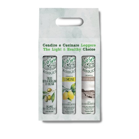 Confezione Bio 3X200 ml: olio EVOO, condimento al limone e al tartufo bianco Confezione Bio 3X200 ml: olio EVOO, condimento al limone e al tartufo bianco