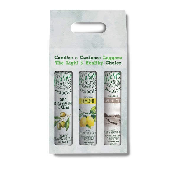 Confezione Bio 3X200 ml: olio EVOO, condimento al limone e al tartufo bianco
