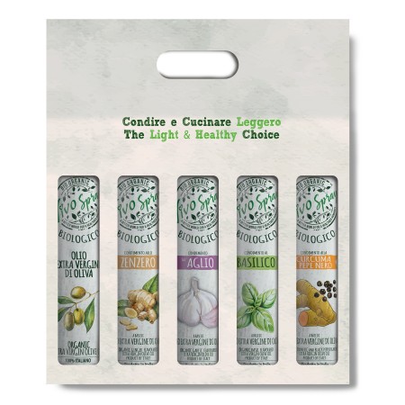 Confezione Bio 5X200 ml: olio EVOO, condimento allo zenzero, all'aglio, al basilico, alla curcuma e pepe nero Confezione Bio 5X200 ml: olio EVOO, condimento allo zenzero, all'aglio, al basilico, alla curcuma e pepe nero