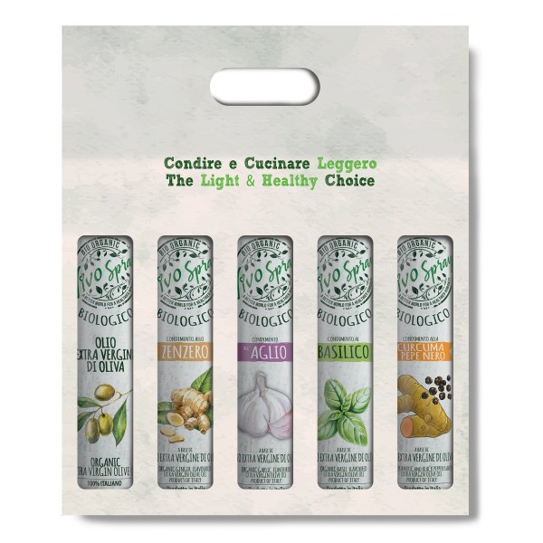 Gift package of 5X200 ml: organic extra virgin olive oil, ginger, garlic, basil and turmeric & balck pepper condiment